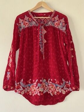 Johnny Was Womens Red Gina Embroidered Blouse Floral Geometric Top Small Boho